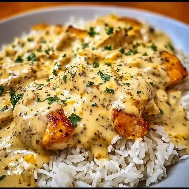 Home 6 Delicious creamy smothered chicken served over rice in a bowl.