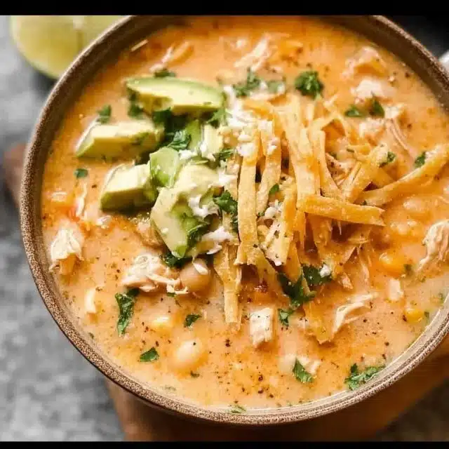 Bowl of creamy white chicken chili with toppings