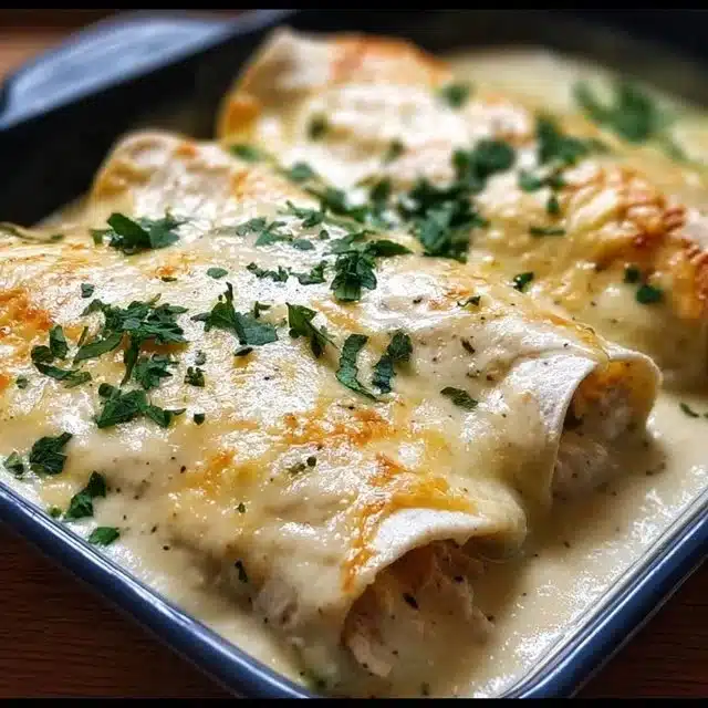 Delicious creamy white chicken enchiladas topped with cheese and herbs