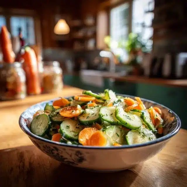 Cucumber Carrot Salad in a bowl garnished with herbs