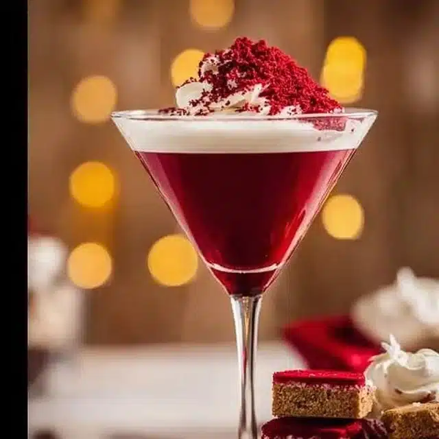Decadent red velvet martini with garnish in a glass for celebrations