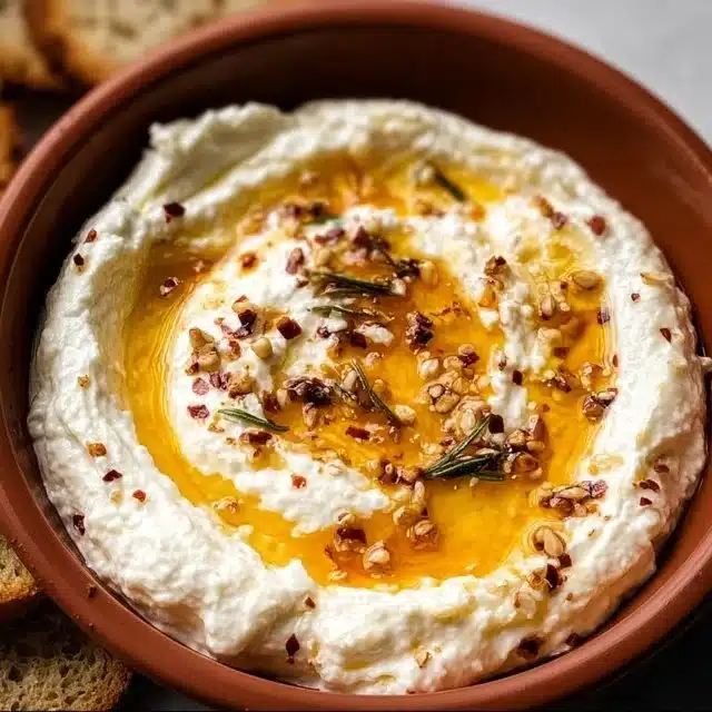 Delicious ricotta dip drizzled with hot honey served in a bowl.