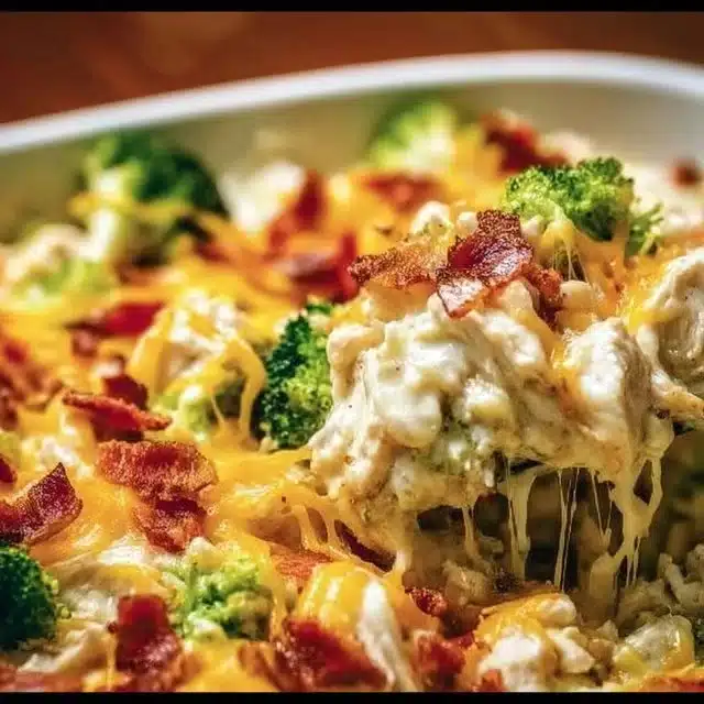 Easy low carb chicken casserole topped with cheese and vegetables