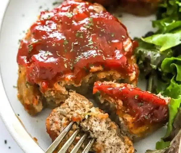 Delicious easy mini meatloaf made with ground turkey, served on a plate.