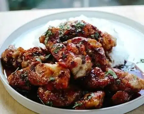 Deliciously glazed soy garlic chicken thighs served on a plate
