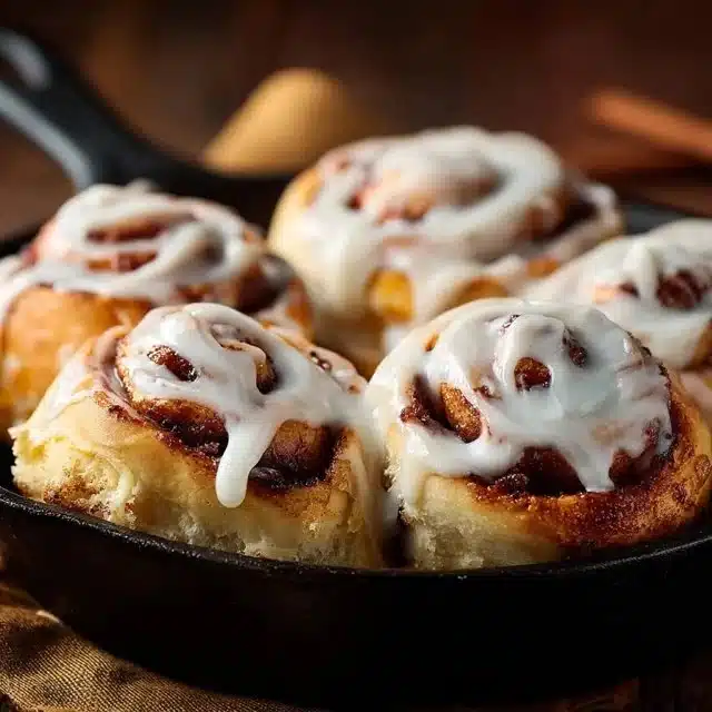 Fluffy cinnamon rolls with a creamy glaze on a rustic wooden table.