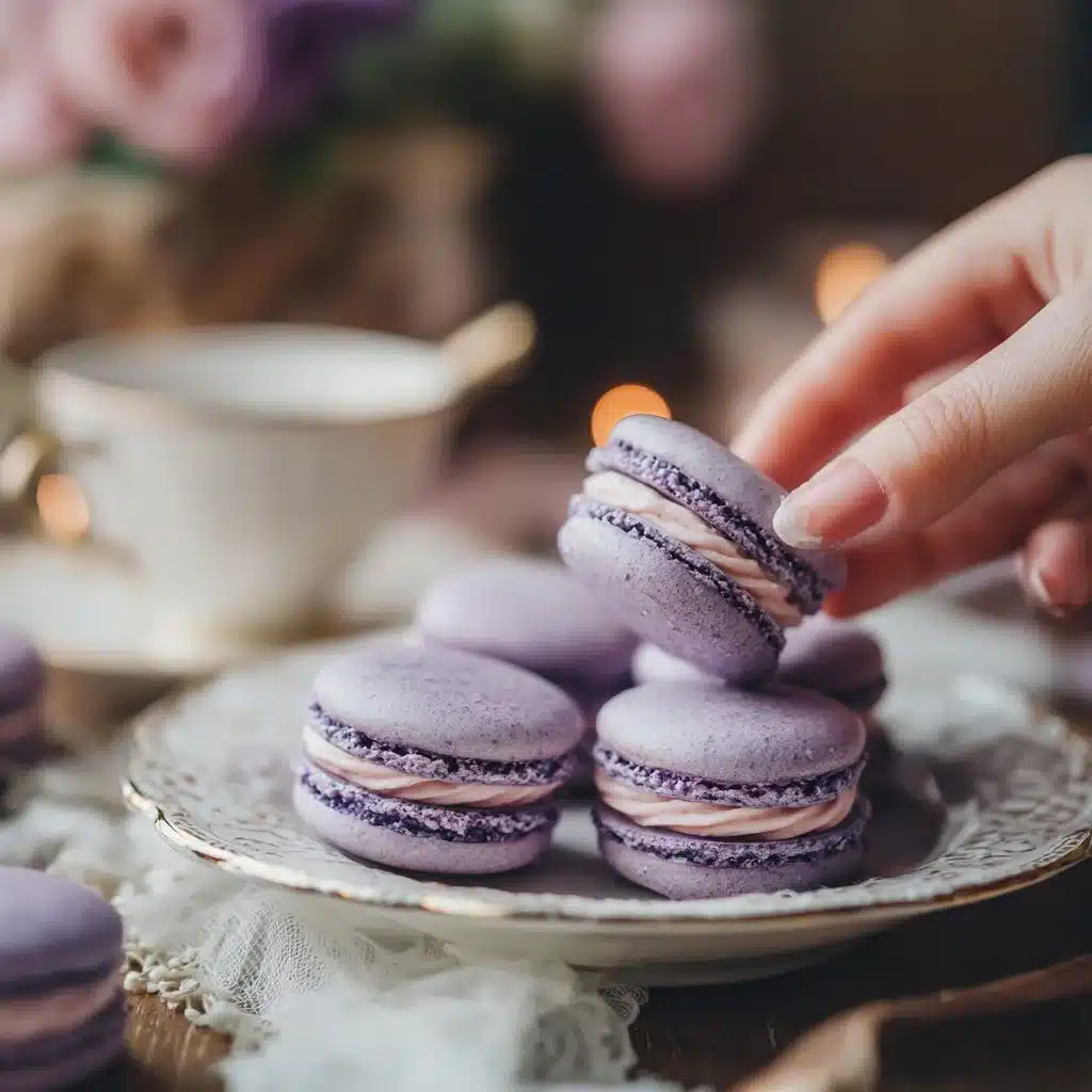 Colorful French macarons on a decorative plate