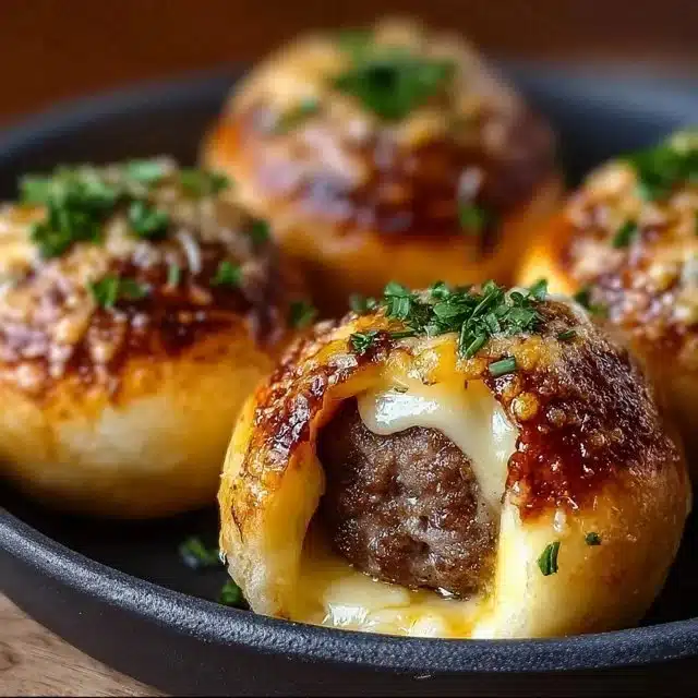 Garlic Parmesan Cheeseburger Bombs served on a plate with dipping sauce