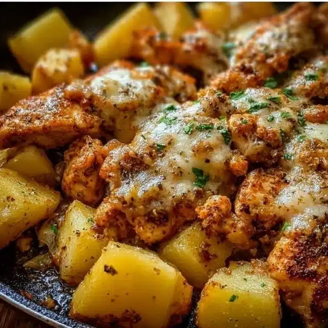 Garlic Parmesan Chicken served with seasoned potatoes on a plate