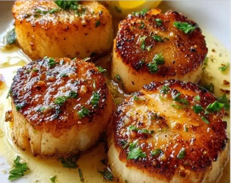 Gordon Ramsay's pan seared scallops beautifully plated with a garnish