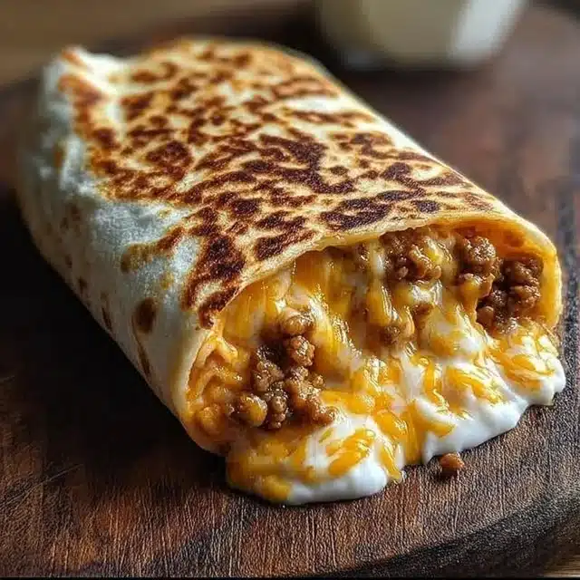 Home 3 Deliciously cheesy grilled cheese burrito ready to be enjoyed.