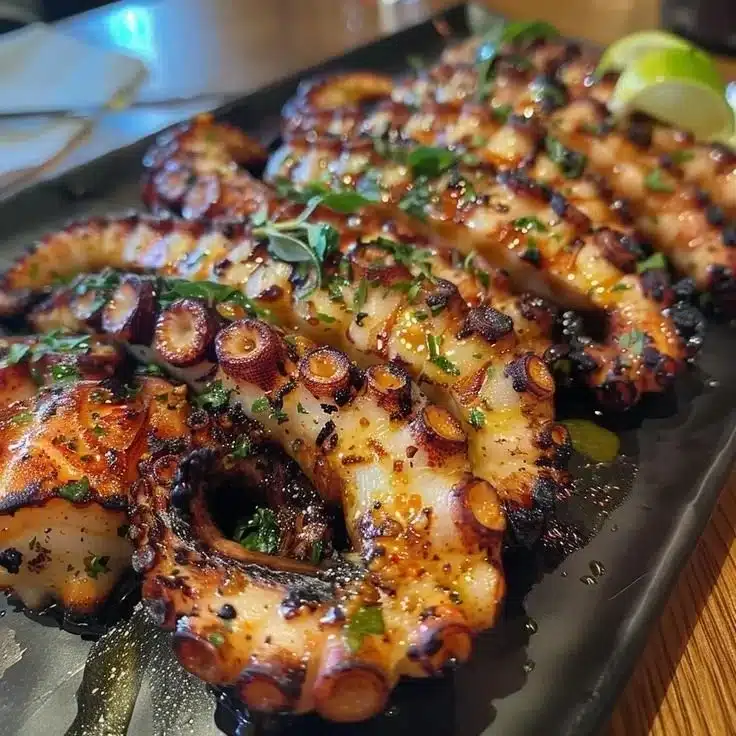 Delicious grilled octopus garnished with herbs and lemon