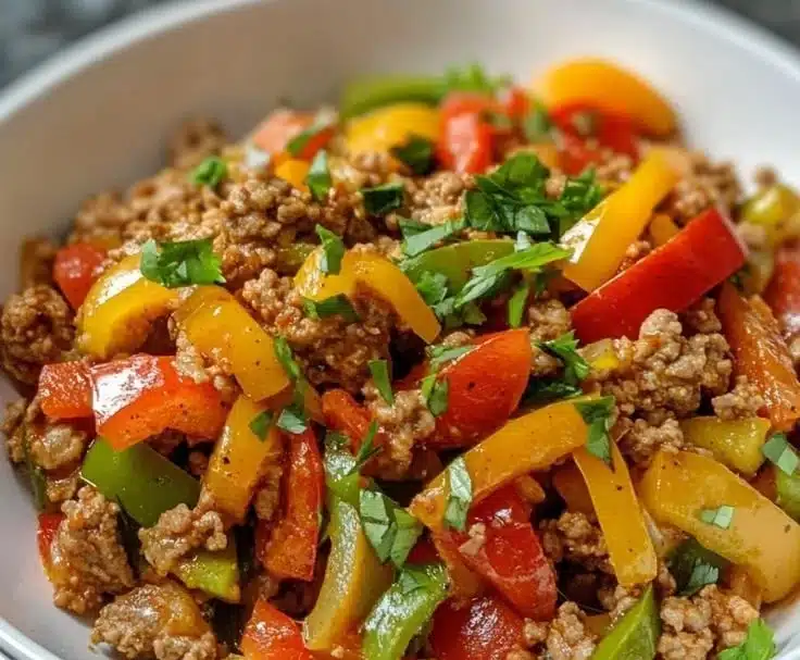 Delicious ground turkey and peppers cooked in a savory dish