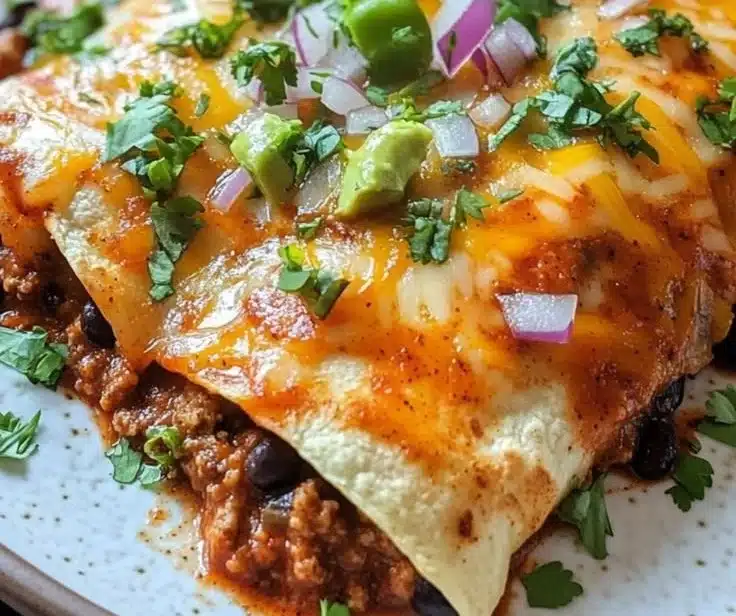 Home 5 Ground Turkey Black Bean Enchiladas with melted cheese and garnishes