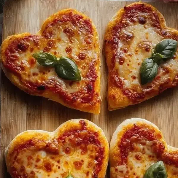Home 2 Delicious heart-shaped pizza served on a wooden table