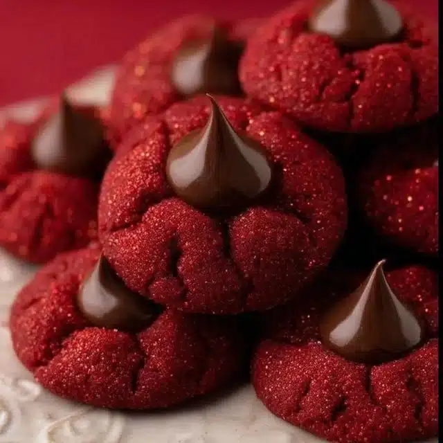 Hershey's delicious Red Velvet Blossoms cookies topped with chocolate kisses.