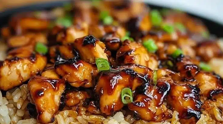 A plate of Honey BBQ Chicken served on rice with garnishments.