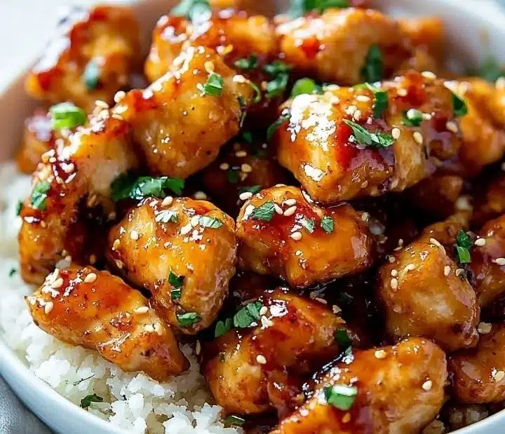 Honey garlic chicken dish garnished and ready to serve
