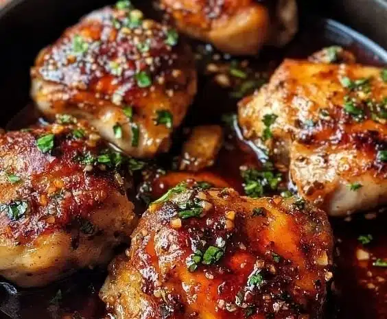 Delicious Honey Garlic Chicken Thighs garnished with herbs