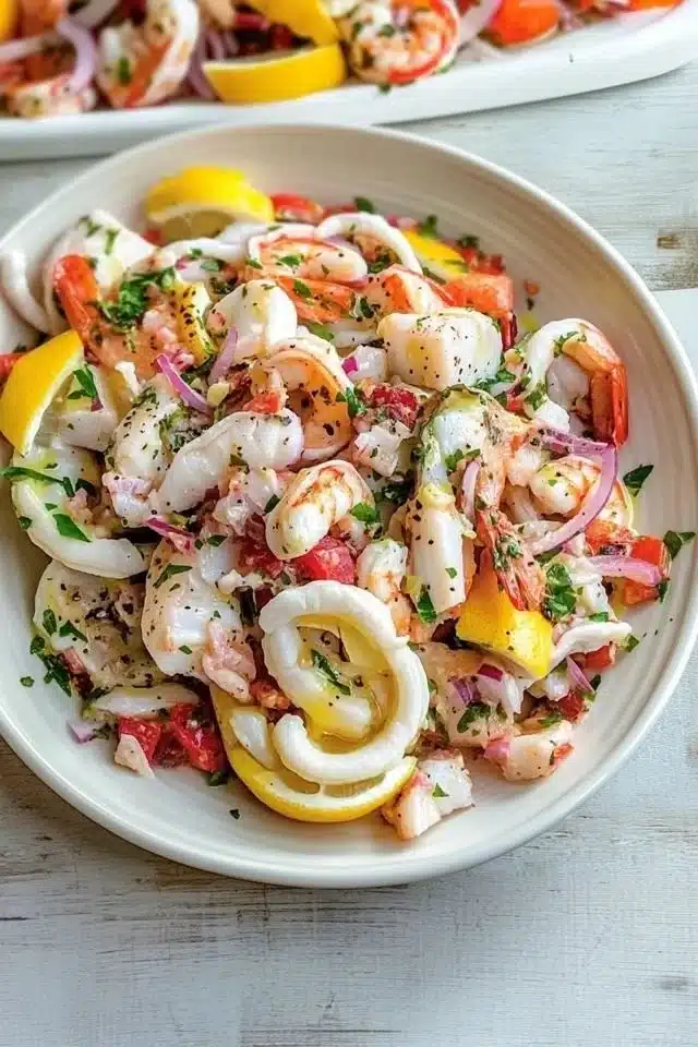 Italian seafood salad with shrimp, calamari, and fresh vegetables served in a bowl