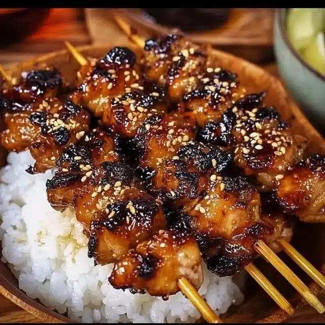 Deliciously grilled Chicken Yakitori skewers served with a rich glaze