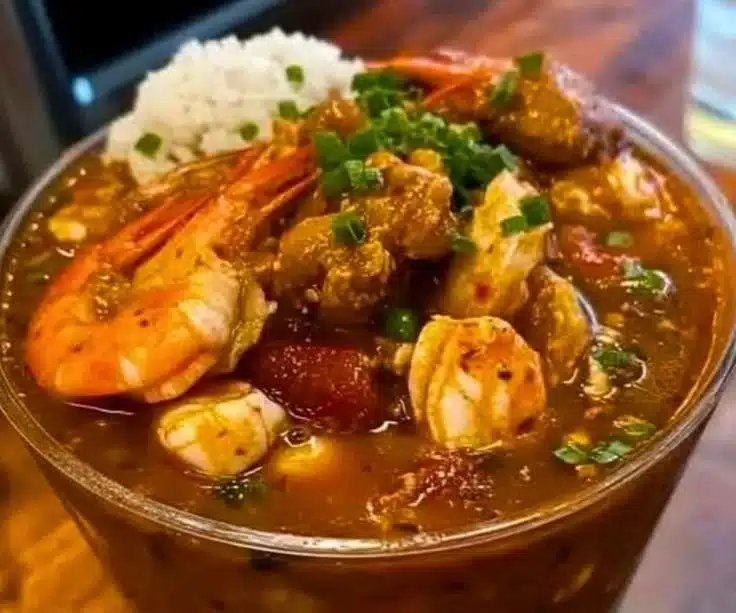 Bowl of Louisiana seafood gumbo with shrimp, crab, and vegetables