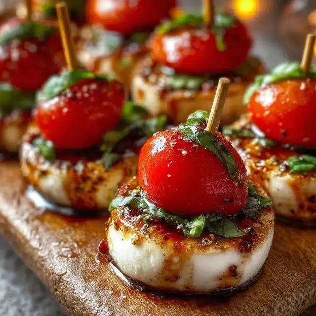 A platter of mini Caprese bites with fresh mozzarella, tomatoes, and basil