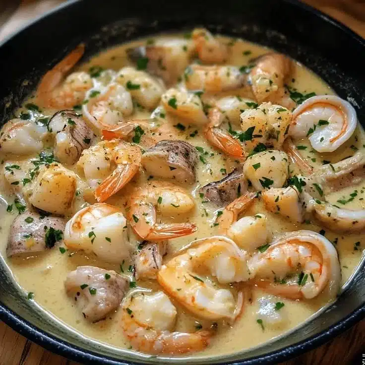 Mixed seafood in creamy garlic wine sauce served on a plate