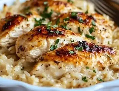 Delicious no-peek chicken and rice casserole topped with herbs and spices
