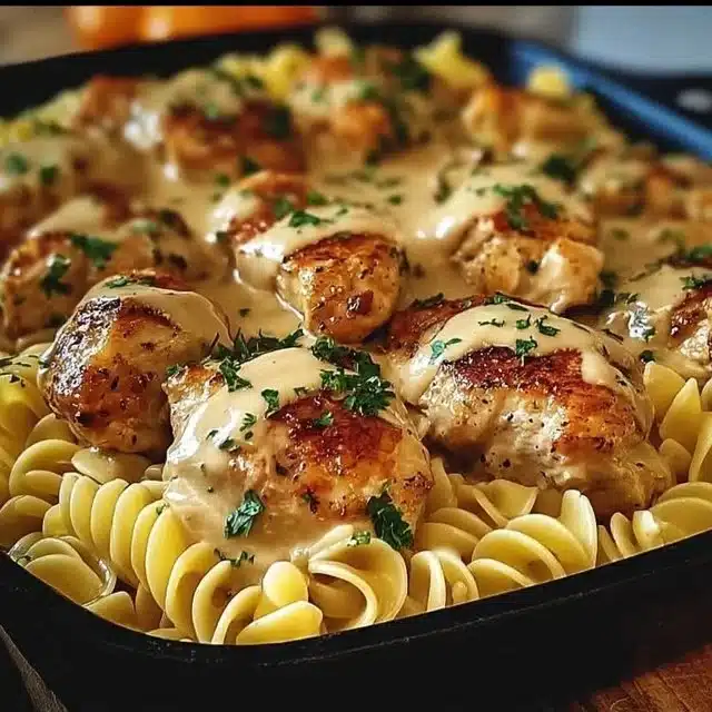 One-pan chicken with buttery noodles served on a plate, perfect for a family dinner.