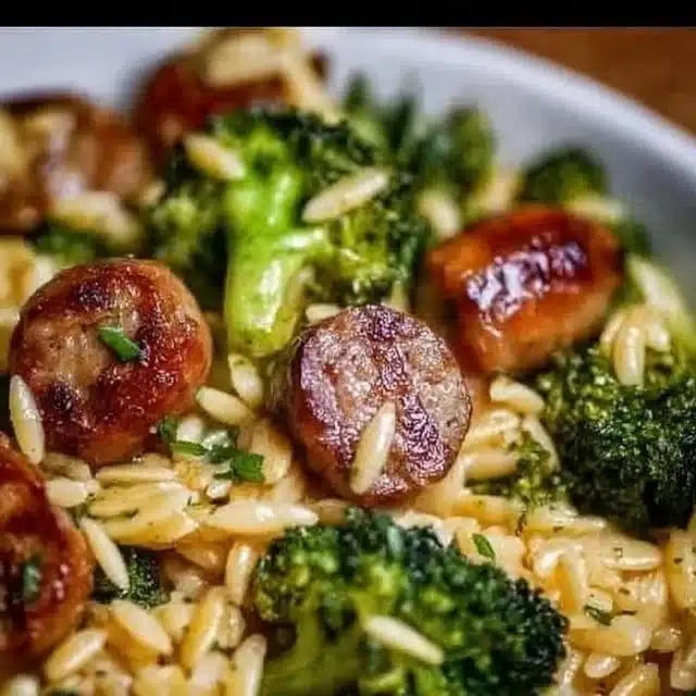 One-Pan Creamy Orzo with Chicken Sausage and Broccoli dish