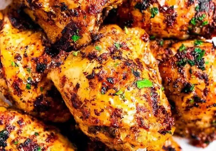 Oven baked chicken thighs garnished with herbs on a baking sheet