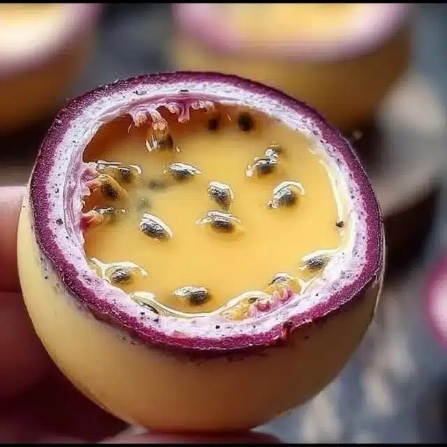 Delicious passionfruit posset dessert topped with fresh passionfruit.