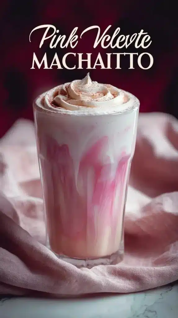A refreshing Pink Velvet Macchiato topped with whipped cream and pink-hued syrup.