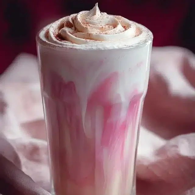 A refreshing Pink Velvet Macchiato topped with whipped cream and pink-hued syrup.