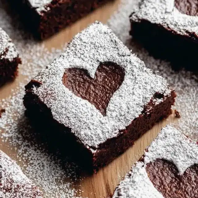 Home 7 Delicious powdered sugar heart brownies displayed on a plate