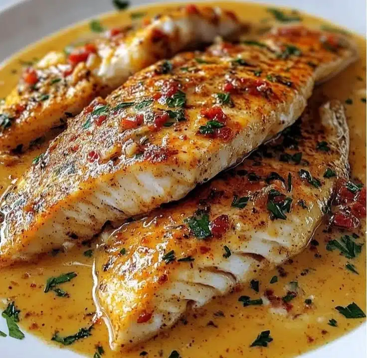 Delicious red snapper with creamy Creole sauce served on a plate.