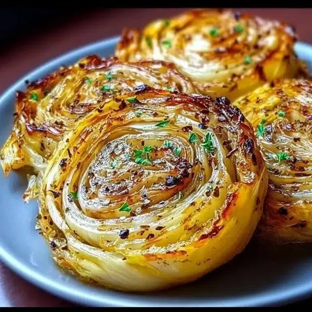 Home 1 Roasted cabbage steaks on a plate garnished with herbs