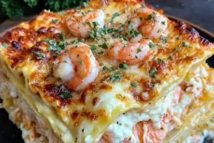 Delicious seafood lasagna with layers of shrimp, crab, and creamy sauce.