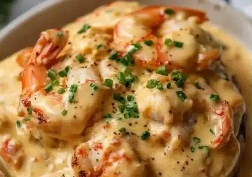 Home 4 Delicious seafood stuffed potatoes with creamy filling and herbs.