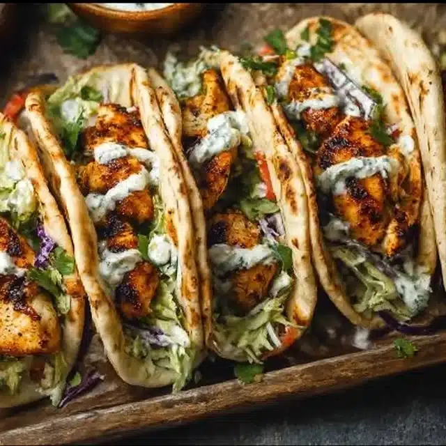 Home 6 Sheet pan chicken pitas with fresh vegetables and sauces served on a plate.