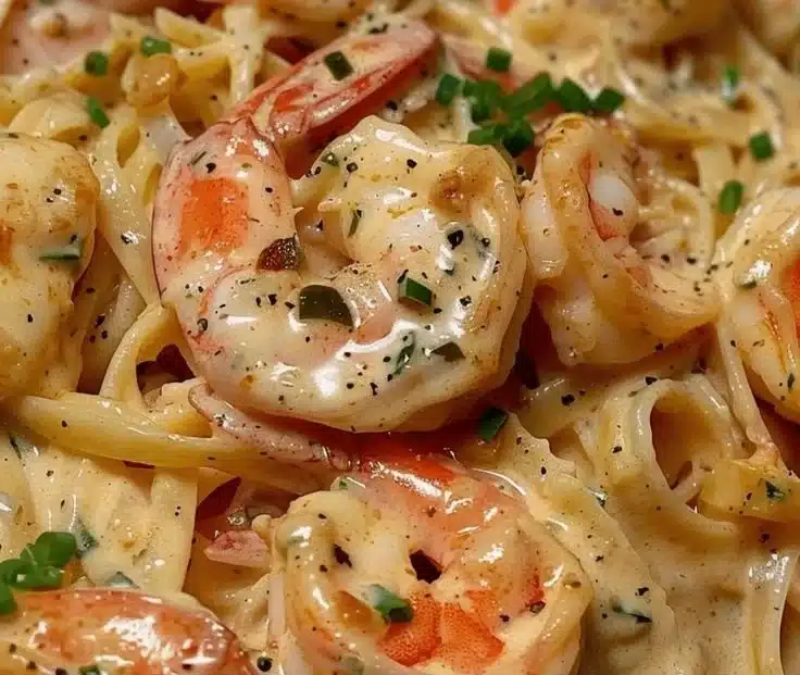 Plate of Shrimp Crab Pasta with Creamy Cajun Sauce garnished with herbs