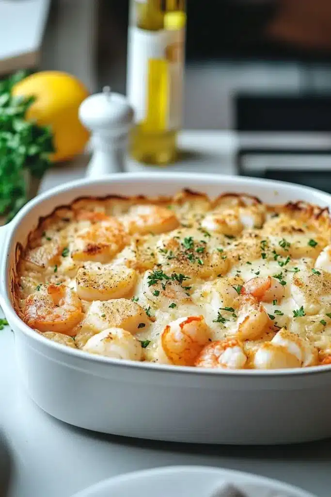 A delicious simple seafood casserole dish, ready to serve.