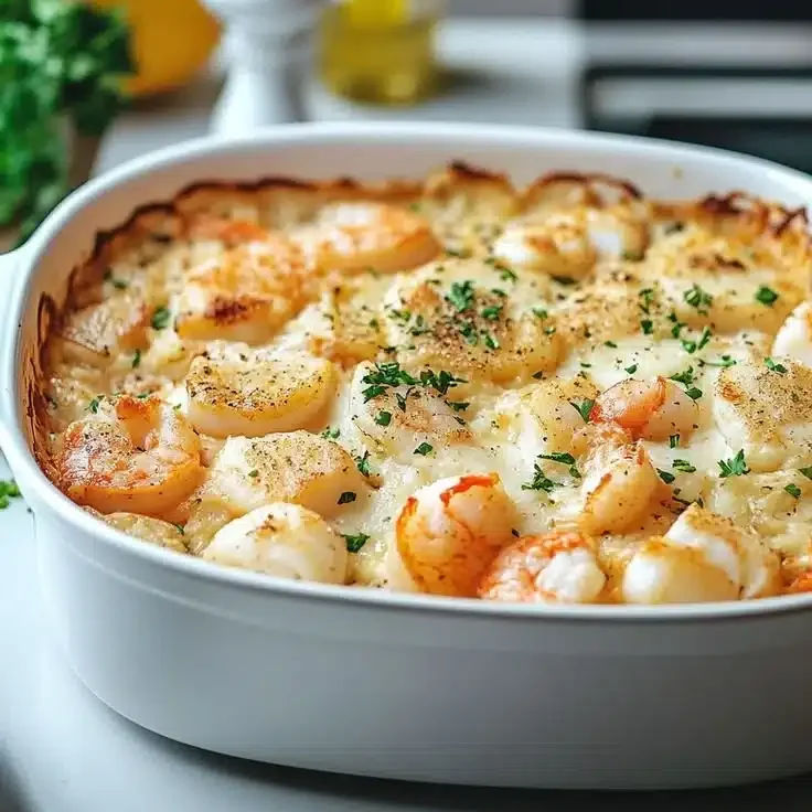 A delicious simple seafood casserole dish, ready to serve.