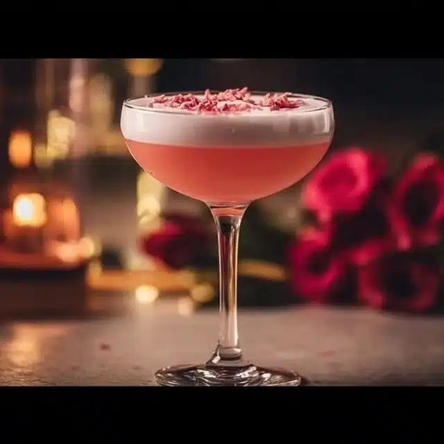 Sour Raspberry Valentine cocktail featuring raspberry gin and fresh raspberries