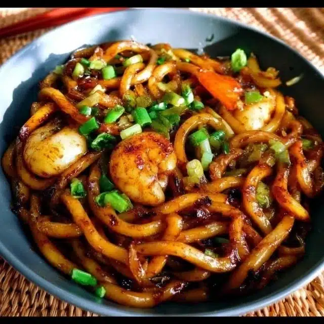 Delicious plate of stir-fried udon noodles with vegetables and protein