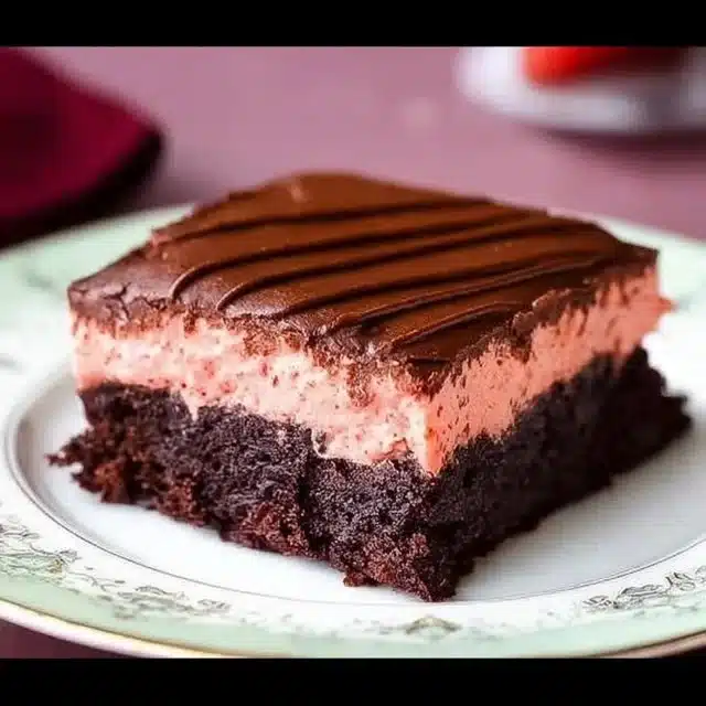 Delicious strawberry brownies topped with fresh strawberries and chocolate drizzle