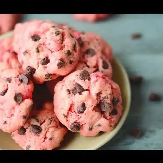 Strawberry cake mix cookies with chocolate chips on a plate