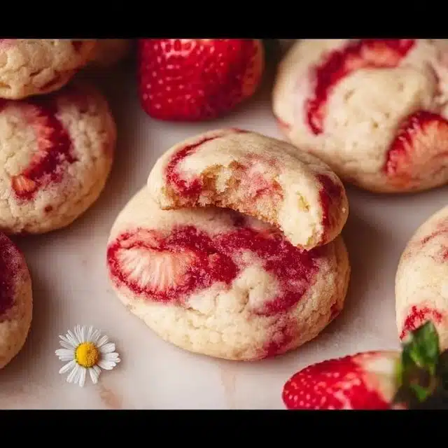 Freshly baked Strawberry Cheesecake Cookies on a cooling rack