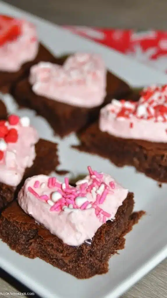 Strawberry frosted heart-shaped brownies on a plate